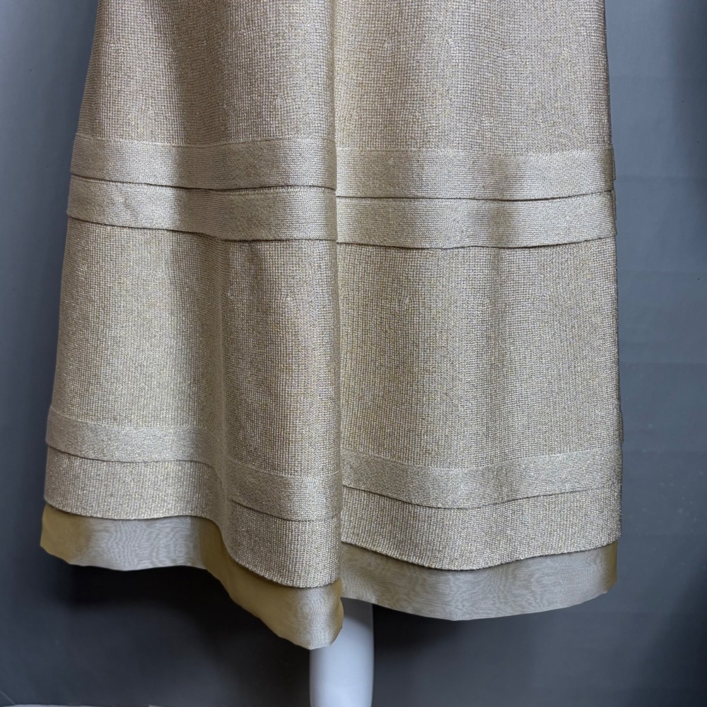ST JOHN Gold Metallic Dress 8 Stretch Knit A-Line Quiet Luxury Wedding Guest - Picture 9 of 15